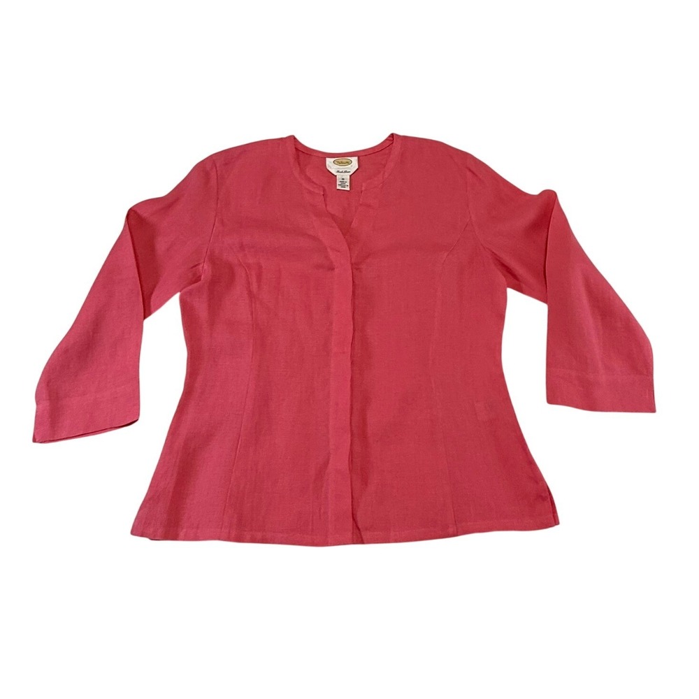 Talbots Irish‎ Linen 3/4 Sleeve Button Front Blouse Dark Pink Size 10